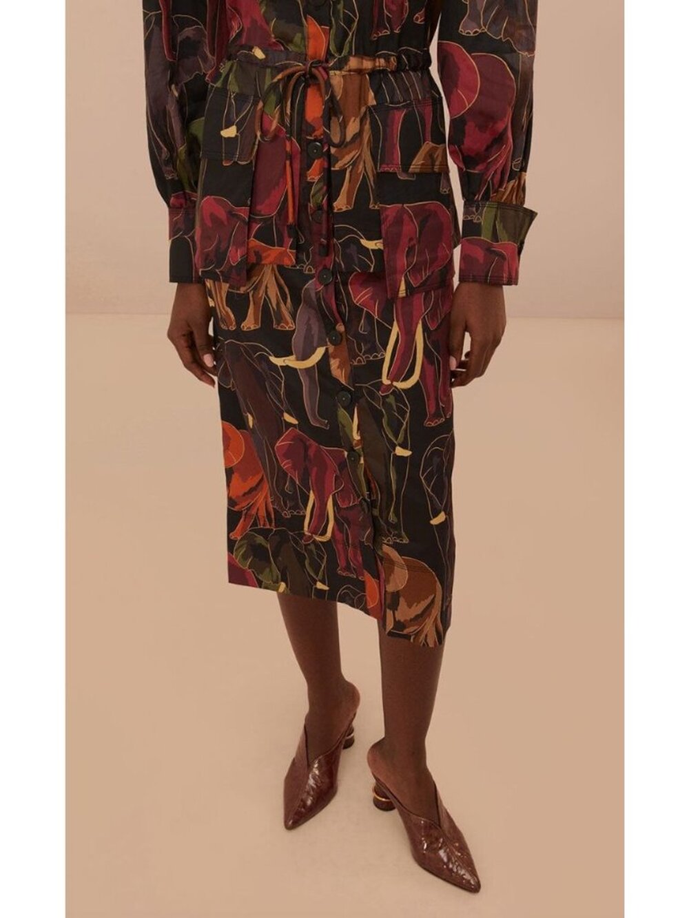 Farm Rio Elephants Brown Long Sleeve Midi Dress Safari Trench Button Front Sz XS - Picture 3 of 4